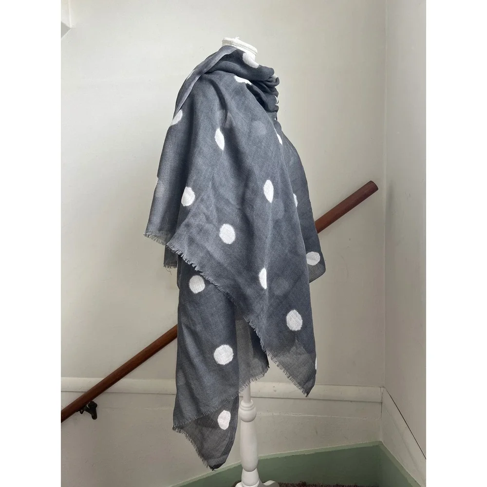 Galeries Lafayette Scarf Gray White Polka Dot Wool Frayed Fringe Wrap Shawl
